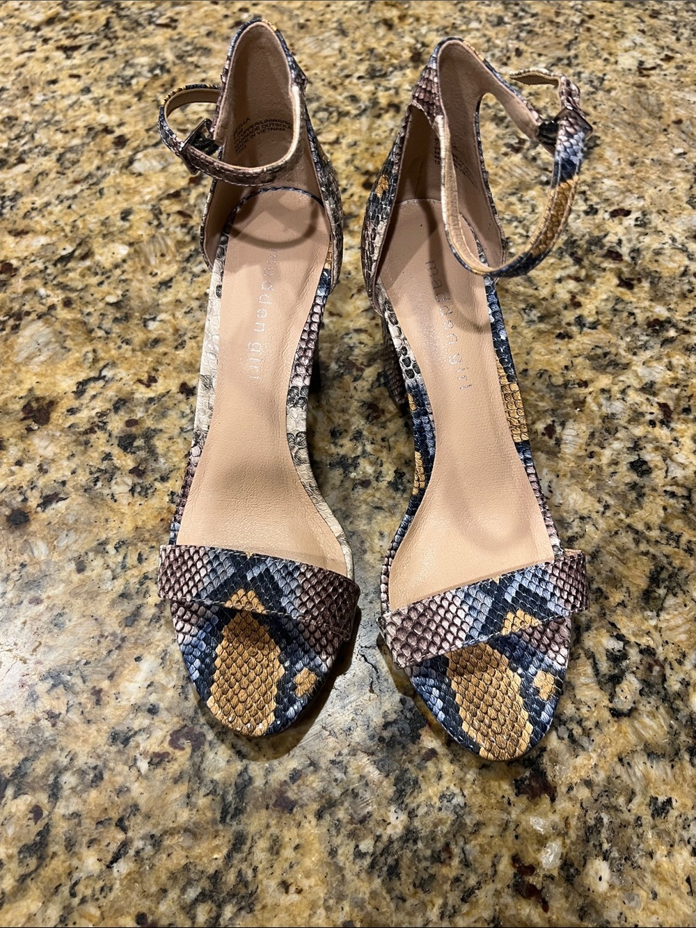 Madden Girl Snake-Print Ankle Strap Heels in Blue, tan, yellow